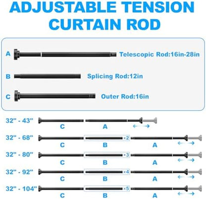 TEECK Shower Curtain Rod, 32-104 inch Adjustable Spring Tension Curtain Rod, Never Rust Anti-Slip Shower Curtain Rod for Bathroom, No Drilling, Never Collapse, Easy to Use, Black