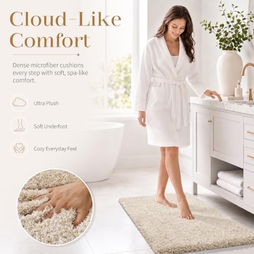 Yimobra Luxury Bathroom Rugs, Fluffy Bath Mats, Non Slip, Water Absorbent Microfiber, Machine Washable, Plush Runner Shower Rugs, Thick Matts for Bathroom Floor/Tub, 60" X 24", Light Beige and White
