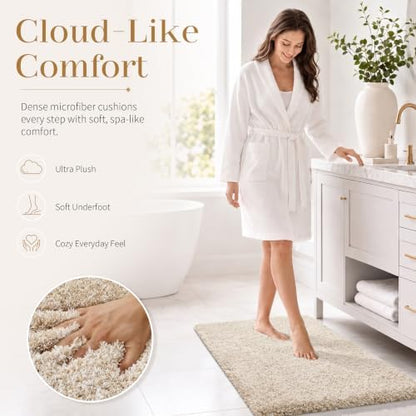 Yimobra Fluffy Plush Bath Rug, Shaggy Soft Comfortable Non Slip, Water Absorbent Microfiber Bath Mat, Dry Quick, Machine Washable Thick Bathroom Floor Rugs for Shower, 44" X 24", Light Beige and White