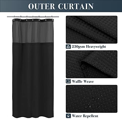 N&Y HOME Stall Waffle Weave Shower Curtain with Snap-in Liner Black 36x72