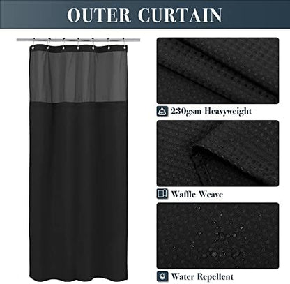 N&Y HOME Stall Waffle Weave Shower Curtain with Snap-in Liner Black 36x72