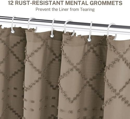 Siiluminisoy Extra Long Boho Farmhouse Shower Curtain - Woven Fabric Khaki 84 Inch, 72 x 84 Tufted Chevron Textured Striped Modern Minimalist Cloth for Bathroom