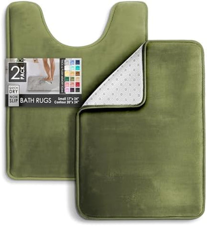 Clara Clark 2 Piece Bathroom Rugs, Velvet Memory Foam Bath Mat Set, Non-Slip Bath Rugs, Machine Wash, Dries Quickly, Ultra Soft Plush Bath Mats for Bathroom, 17 x 24 + Contour, Sage Green