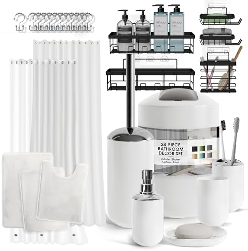 Clara Clark Bathroom Accessories Set - 28PC Bathroom Set with Adhesive Corner Shower Caddy Hanging, Bathroom Sets with Shower Curtain and Rugs, White Shower Curtain Set with Bathroom Trash Can