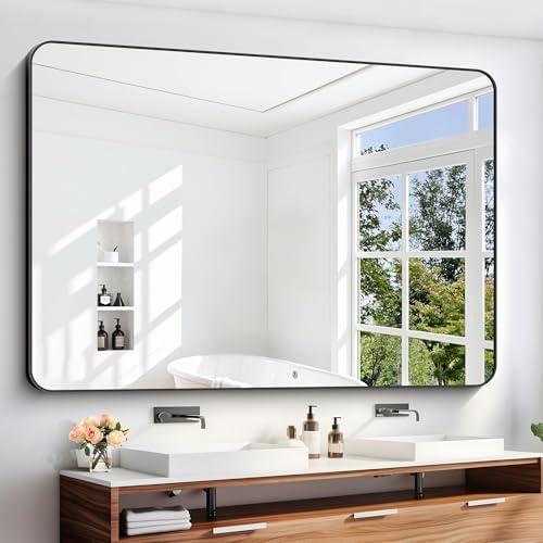 DESBING 60" x 40"Bathroom Mirror, Matte Black Wall Mirror with Metal Frame, Decorative Rectangular Vanity Mirror for Bedroom Bathroom Living Room Entryway (Horizontal/Vertical)