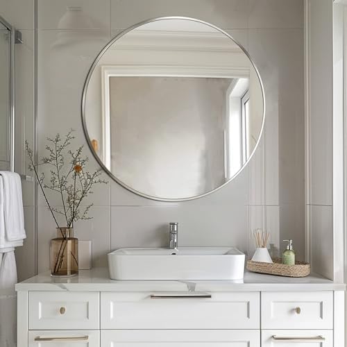 Sunniry Large Round Mirror,30 inch Circle Mirror,Brushed Silver Metal Frame