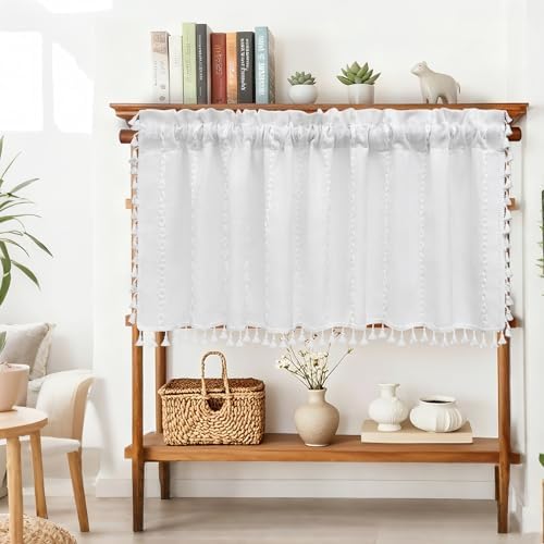 Seenus White Boho Farmhouse Valance Curtain with Tassels, 52 x 18 inch Linen Textured Window Curtain for Living Room, Striped Light Filtering Valance for Kitchen Bedroom Bathroom Rod Pocket