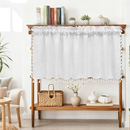 Seenus White Boho Farmhouse Valance Curtain with Tassels, 52 x 18 inch Linen Textured Window Curtain for Living Room, Striped Light Filtering Valance for Kitchen Bedroom Bathroom Rod Pocket