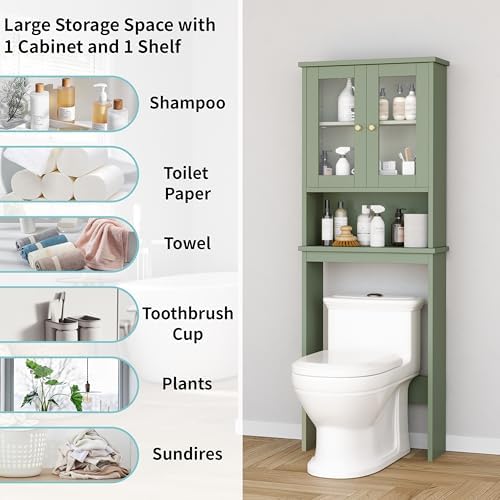 Shintenchi Over the Toilet Storage Cabinet, Bathroom Shelf Organizer with Anti-Tip Device Small Freestanding Space Saver with Adjustable Shelf and Glass Door, Green