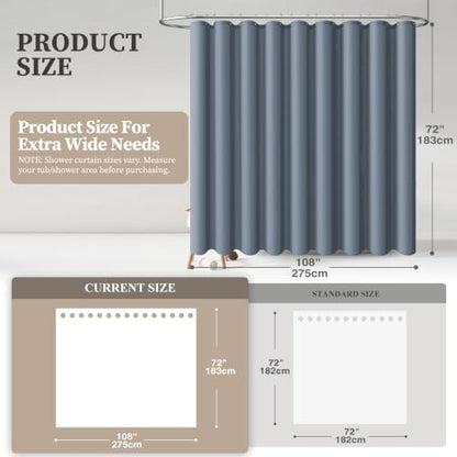 BTTN 108x72 Linen Textured Waterproof Cloth Shower Curtain Set, Blue Grey