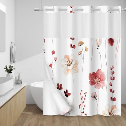 WITHLOC No Hook Floral Shower Curtain with Liner, Red, 71x74
