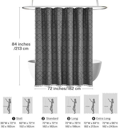 Extra Long Boho Grey Woven Fabric 84 Inch Shower Curtain 72 x 84 Tufted Chevron Striped Shabby Chic Textured, Modern Farmhouse Minimalist, Water Resistant Curtain Set for Bathroom, Hotel Decor
