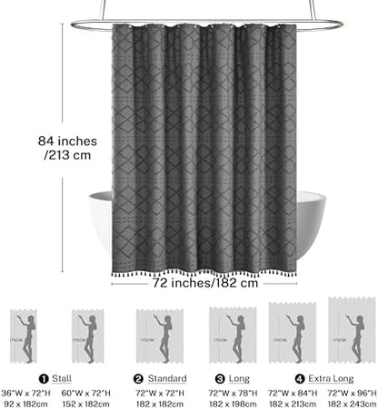 Extra Long Boho Grey Woven Fabric 84 Inch Shower Curtain 72 x 84 Tufted Chevron Striped Shabby Chic Textured, Modern Farmhouse Minimalist, Water Resistant Curtain Set for Bathroom, Hotel Decor