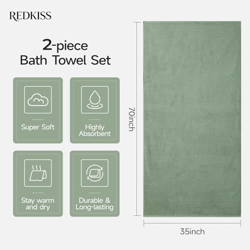 REDKISS 2 Pack Extra Large 35x70 Inch Cotton Bath Towels, Green