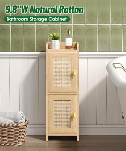 Akxomel Rattan Small Bathroom Cabinet Narrow Toilet Paper Organizer Oak
