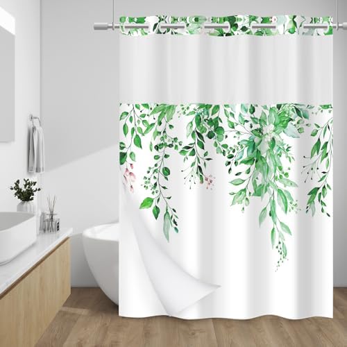 WITHLOC No Hook Shower Curtain with Liner, Eucalyptus Dark Green, 71x74