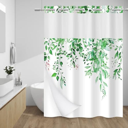 WITHLOC No Hook Shower Curtain with Liner, Eucalyptus Dark Green, 71x74