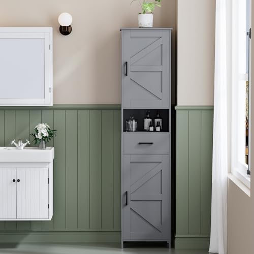 Homhedy 67" H Tall Bathroom Storage Cabinet with Barn Doors and Drawer