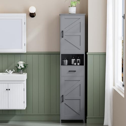 Homhedy 67" H Tall Bathroom Storage Cabinet with Barn Doors and Drawer