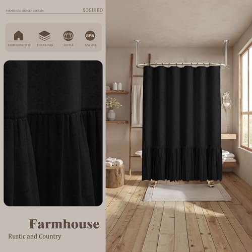 Farmhouse Shower Curtain Ruffle Linen Flax Black 72" W x 96" L