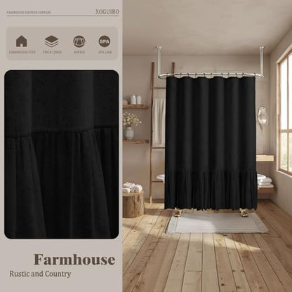 Farmhouse Shower Curtain Ruffle Linen Flax Black 72" W x 78" L