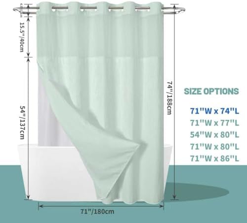 No Hook Waffle Shower Curtain with Snap-in Liner, 71x74 Inch, Mint Green