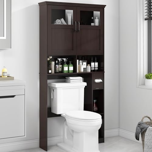 Vabches Over The Toilet Storage Cabinet with Doors & Paper Holder, Espresso