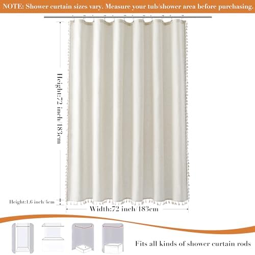 Nanspring Cream Boho Linen Shower Curtain 72 Inch Modern Vintage Farmhouse Chic Shower Curtains Set with Hooks for Bathroom Weighted Tassel Design Rustic Cottage Core Bath Curtain 72x72, Natural