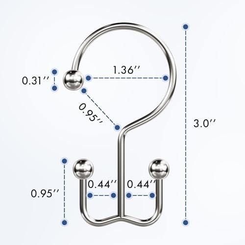 Bathway Shower Curtain Hooks Nickel Shower Curtain Rings, 12 Pcs Double Hook Shower Curtain Hooks Rings Shower Curtain Hangers Rust Proof, Metal Shower Hooks for Bathroom Shower Curtain Rod