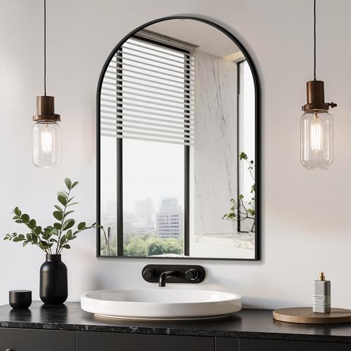 Delma Arched Bathroom Mirror, Black, 20"x30"