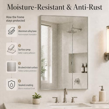 24"x36" Brushed Nickel Framed Rectangle Bathroom Vanity Wall Mirror