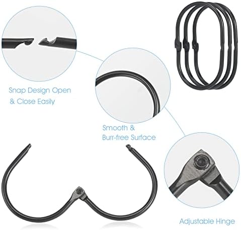 24 Pcs Shower Curtain Rings, Goowin Shower Curtain Hooks, Oval Snap Shower Rings for Curtain, Metal Black Shower Curtain Rings Rust Proof, Glide Smoothly Shower Hooks for Shower Curtain Rod (Black)