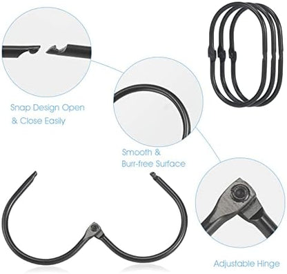 24 Pcs Shower Curtain Rings, Goowin Shower Curtain Hooks, Oval Snap Shower Rings for Curtain, Metal Black Shower Curtain Rings Rust Proof, Glide Smoothly Shower Hooks for Shower Curtain Rod (Black)