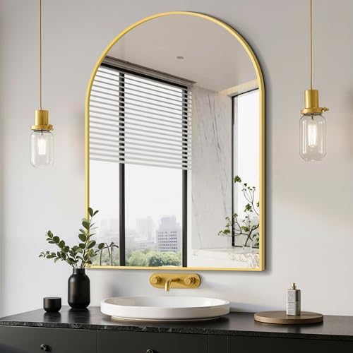 Delma Arched Bathroom Mirror, Gold, 28"x40"