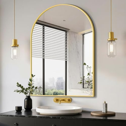 Delma Arched Bathroom Mirror, Gold, 28"x40"