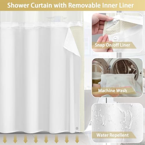 No Hook Shower Curtain with Liner Set Hotel Waffle Curtain Cream 72W X 75L