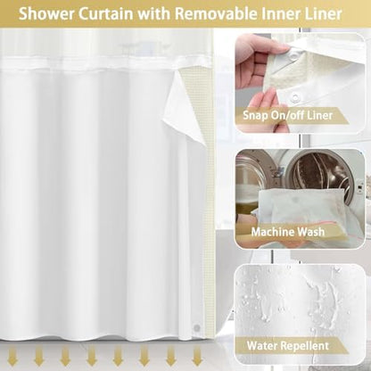 No Hook Shower Curtain with Liner Set Hotel Waffle Curtain Cream 72W X 75L