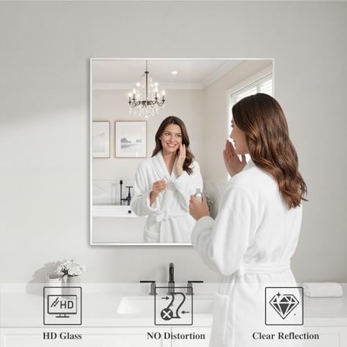 Koonmi White Rectangle Wall Mirror, 30x30 Inch Bathroom Mirror, Aluminum Frame Vanity Mirror for Entryway, Living Room, Bedroom Bathroom, Hangs Horizontally or Vertically