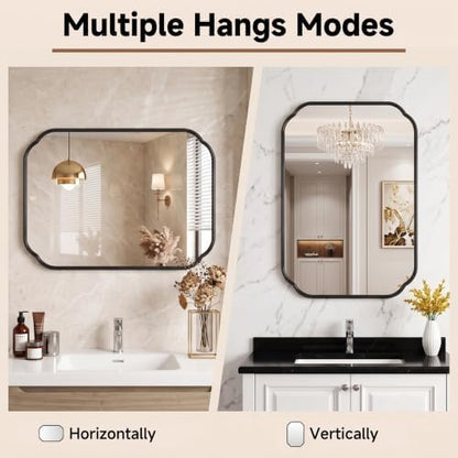 30"x20" Black Scalloped Mirror for Bathroom, Rust-Proof Metal Frame