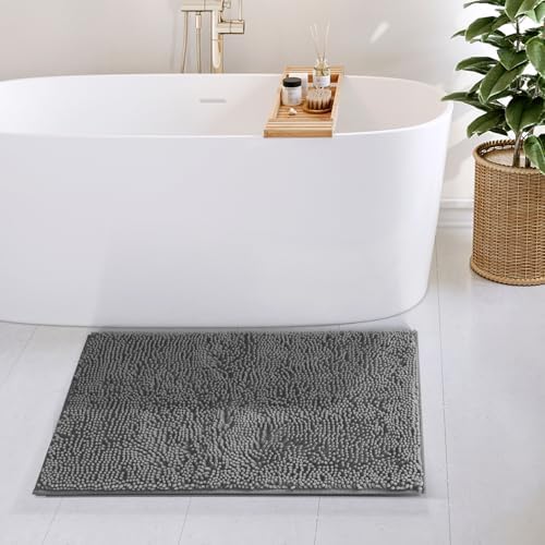 Hearth & Harbor Bathroom Rugs, Chenille Bath Mat - Machine Washable Bath Mats for Bathroom Non-Slip Backing Rubber, Quick Dry Bathroom Mat, 20 x 32 - Frost Grey