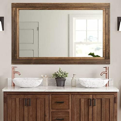 YOSHOOT Hand-Made Wooden Spliced Wall Mirror for Bathroom, Rustic Farmhouse Vanity Mirror, Décor Wall Art, Solid Wood Frame, Vertical or Horizontal Hanging, 53" x 28", Brown