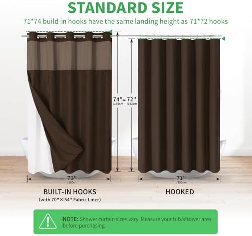eachope No Hook Linen Texture Shower Curtain with Snap-in Liner,71x74 Brown