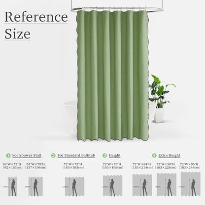 KGORGE Scalloped Green Shower Curtain with 12 Metal Hooks for Bathroom, Boho Privacy Cute Neutral Home Decor Waterproof Shower Curtains for Hotel Bathtub, Grass Green, 72 x 72 inches Long