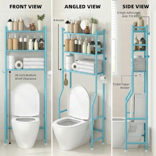 GloTika 3-Tier Over Toilet Storage, Anti-Tilt, 64" H, Blue