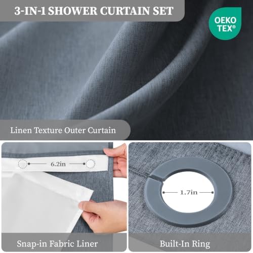 BTTN Blue Ringless Linen Textured Shower Curtain with Snap in Liner, 72x75