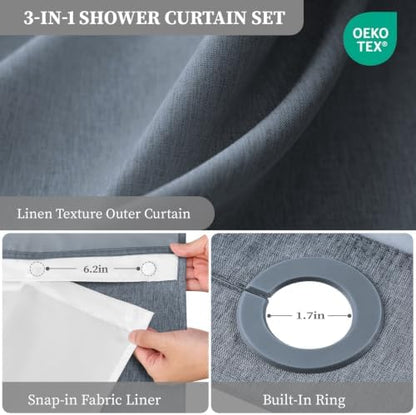 BTTN Blue Ringless Linen Textured Shower Curtain with Snap in Liner, 72x75