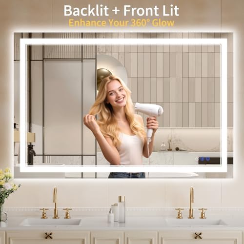 36"x50" LED Bathroom Mirror with Lights, Anti-Fog, Backlit + Front Lit, Dimmable, 3 Colors, Shatter-Proof Tempered Glass