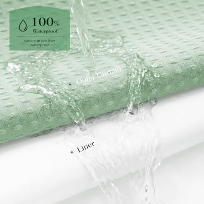 Dynamene Mint Green Hook Free Waffle Shower Curtain & Snap-in Liner,72x99
