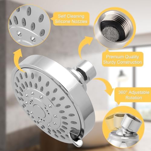 AISOSO High Pressure Rain Shower Head 5 Modes Showerhead 4.1" Chrome Silver