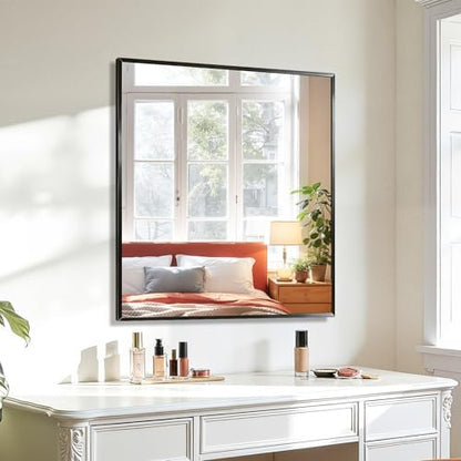 Koonmi Bathroom Mirror for Wall, 28"x32" Black Bathroom Mirror for Over Sink, Shatterproof Tempered Glass Vanity Mirror with Anti-Rust Aluminum Alloy Frame, Hang Horizontally or Vertically